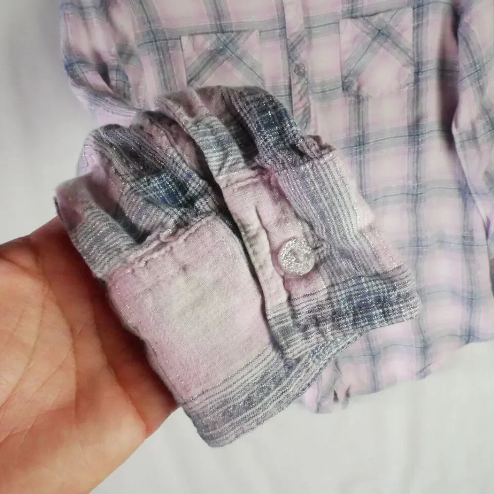 Justice Girls Size 16 Shirt Pink / Gray Plaid Long Sleeve Button Up